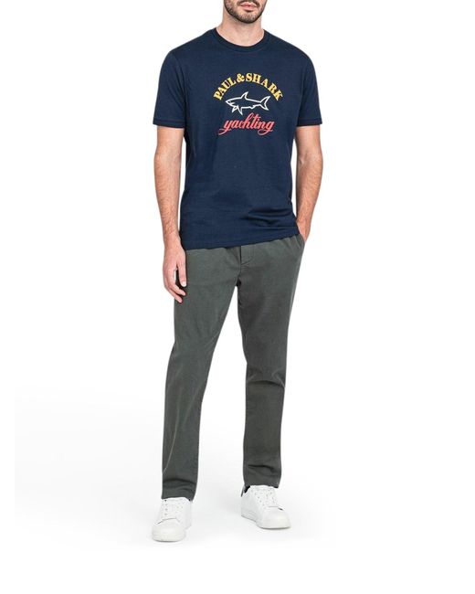 T-Shirt in cotone organico con Logo stampato di Paul & Shark in Blue da Uomo
