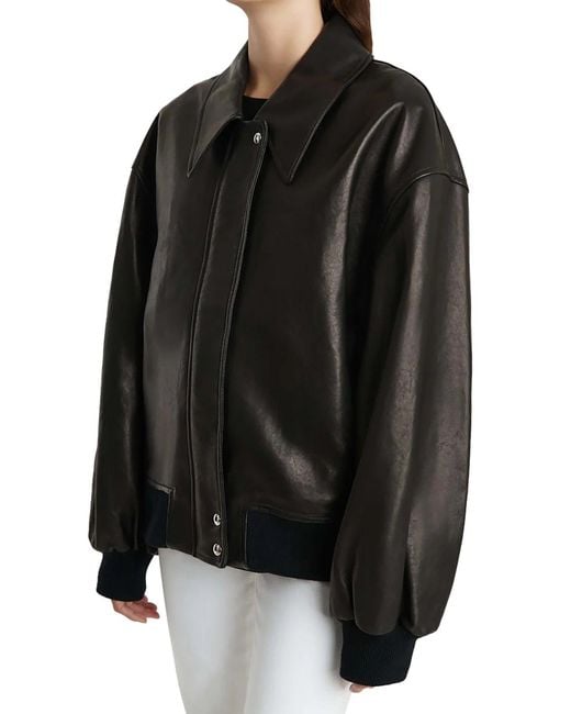 Khaite Black Shelman Leather Bomber Jacket With Wide Neck