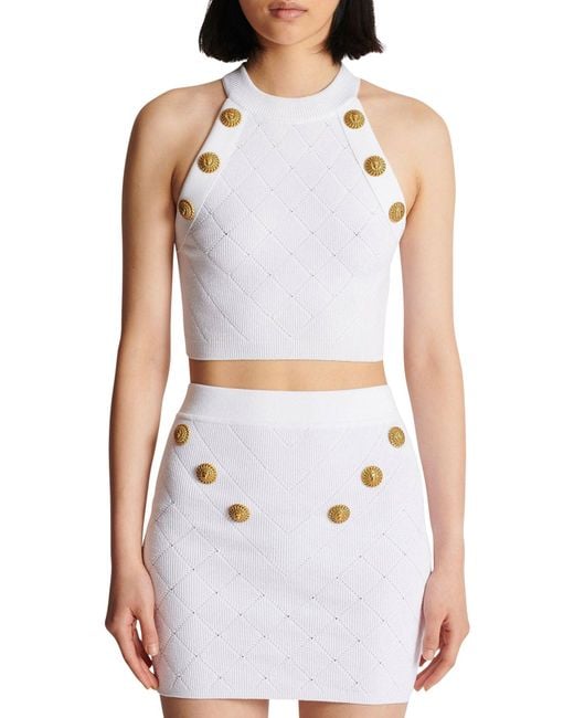 Balmain White Knitted Cropped Top