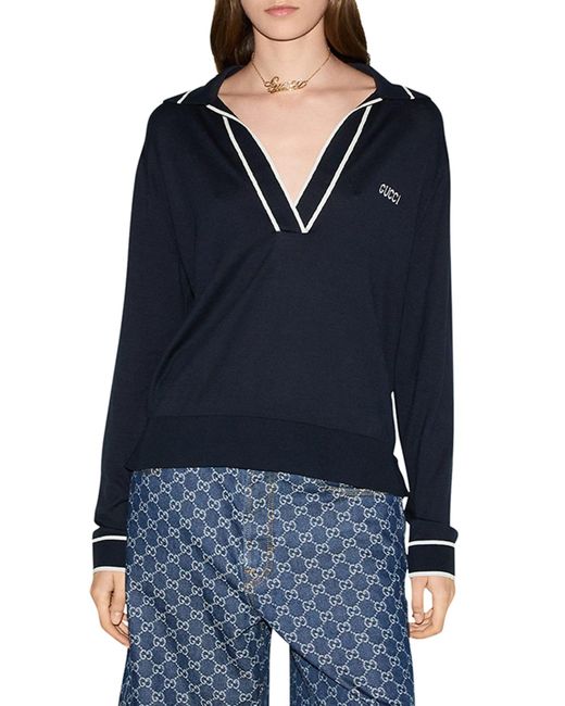 Polo in cotone con intarsio di Gucci in Blue