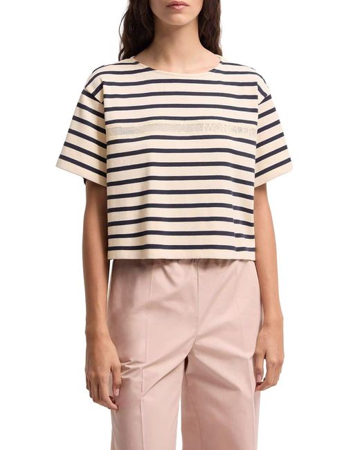 Moncler White Striped Crop T-Shirt With Logo