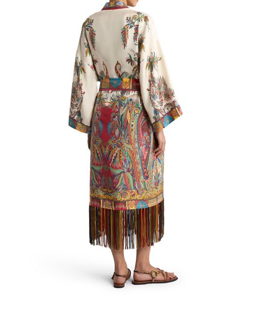 Etro White Silk Duster Coat With Fringes And Paisley Foliage Print