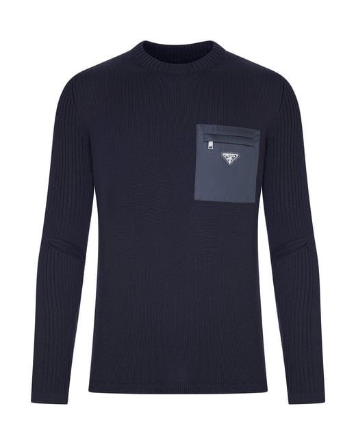 Prada Blue Wool Sweater With Re-Nylon Pocket for men