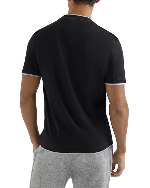 Brunello Cucinelli Black Cotton T-shirt With Front Logo And Contrasting Trim for men