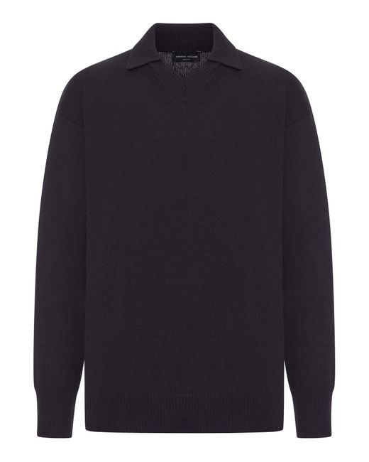 Roberto Collina Blue V-neck Wool Polo Shirt for men