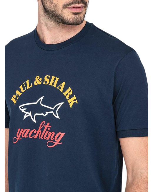 T-Shirt in cotone organico con Logo stampato di Paul & Shark in Blue da Uomo