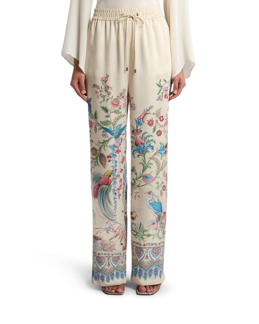 Etro White Wide-leg Trousers With Placed Flora And Fauna Print
