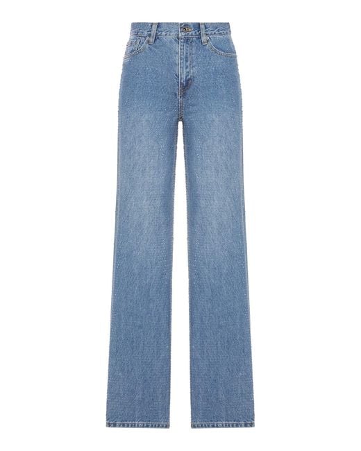 Self-Portrait Blue Straight Leg Denim Jeans With Rhinestone