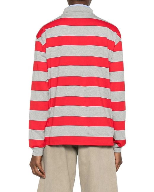 Miu Miu Red Striped Cotton Jersey Polo Shirt With Logo Patch