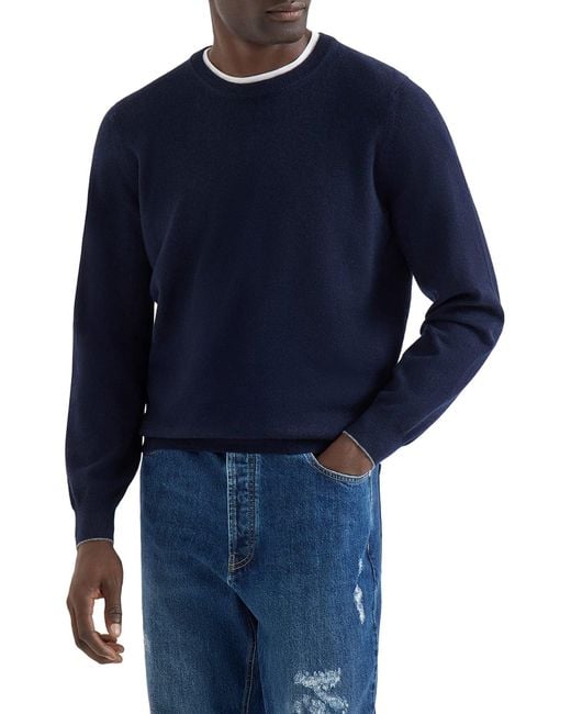 Brunello Cucinelli Blue Essential Crew Neck Cashmere Sweater for men