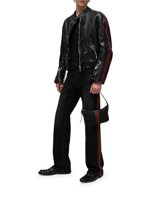 Gucci Black Buffalo Leather Bomber Jacket With Webbing for men