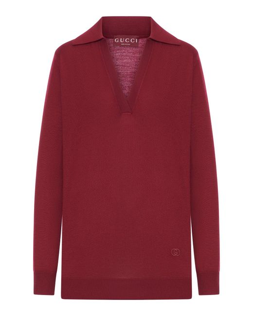 Polo in lana leggera con logo ricamato di Gucci in Red