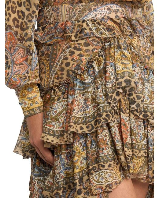 Etro Brown Paisley And Animal Print Silk Ruffled Mini Skirt