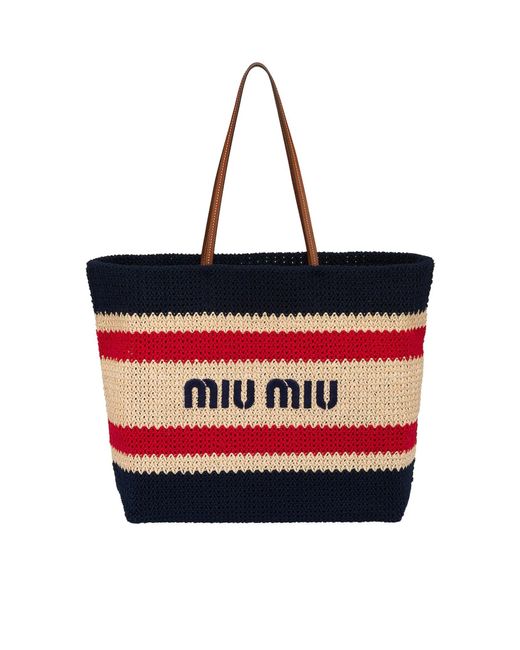 Miu Miu Red Raffia And Cotton Shopping Bag