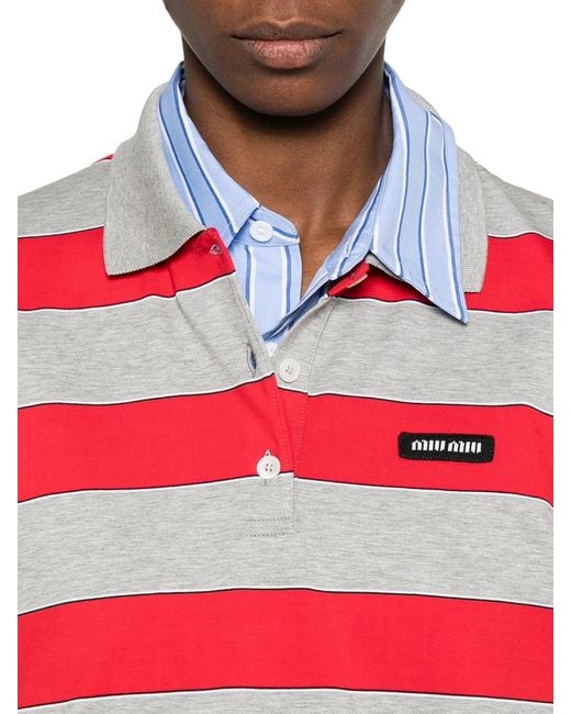 Miu Miu Red Striped Cotton Jersey Polo Shirt With Logo Patch