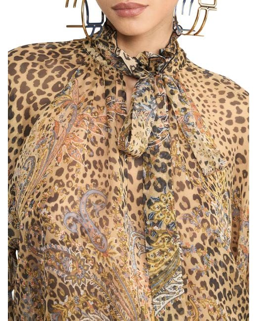 Etro Brown Silk Chiffon Blouse With Scarf And Animal Paisley Pattern