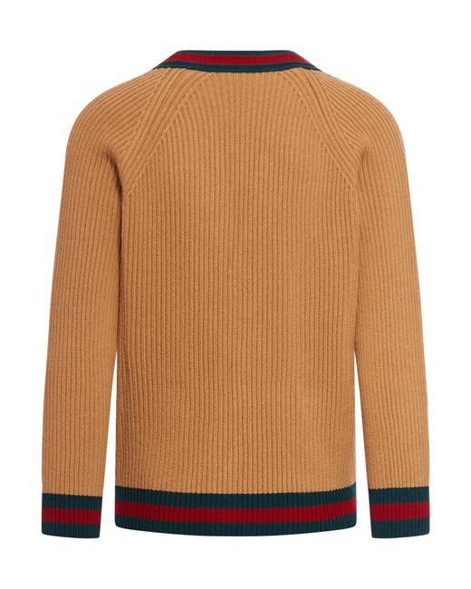 Gucci Brown Knitted Wool Cardigan With Web Ribbon for men