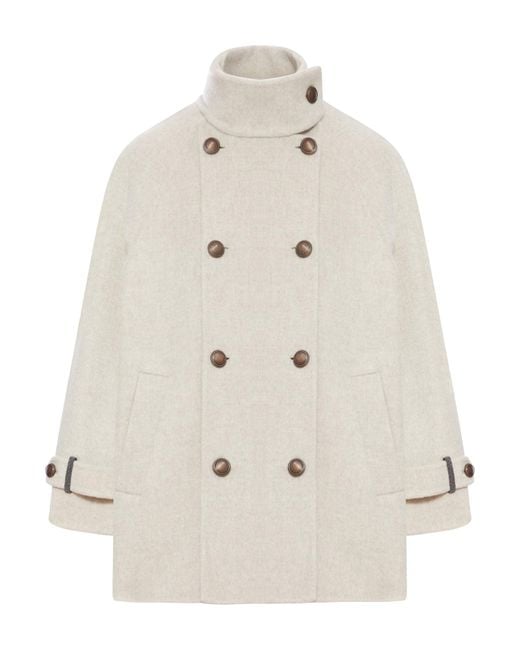 Brunello Cucinelli White Wool And Cashmere Caban With Shiny Cuff Details