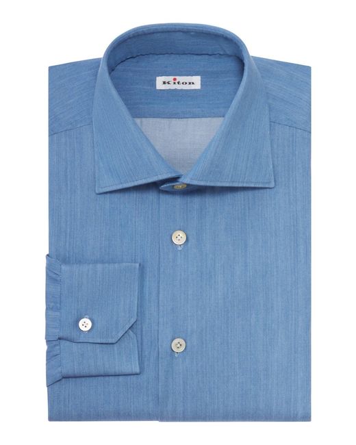 Kiton Blue Classic Denim-Effect Cotton Shirt for men