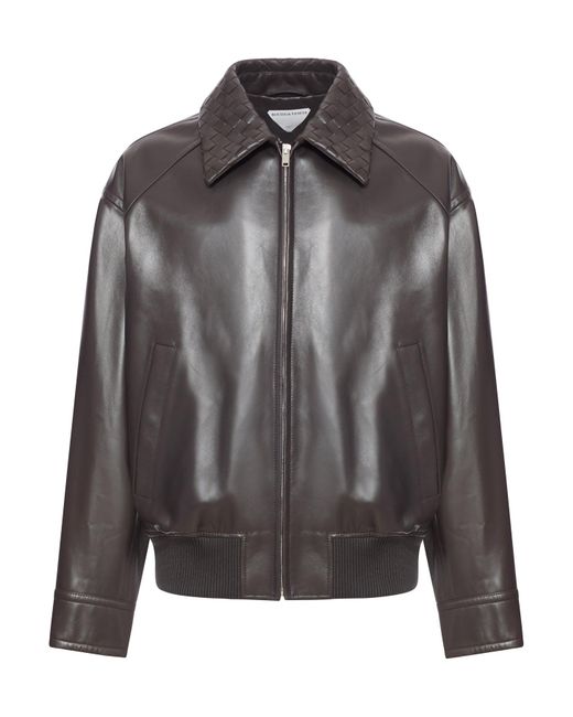 Giacca in pelle con colletto a motivo intrecciato di Bottega Veneta in Gray da Uomo