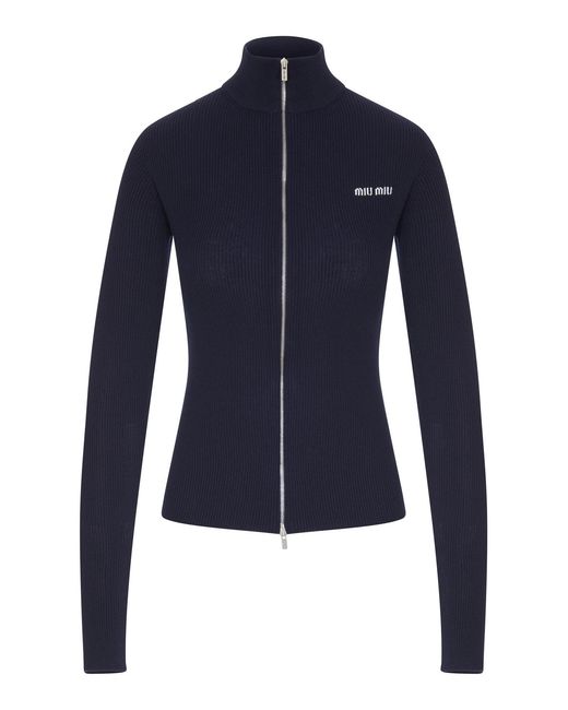 Miu Miu Blue Ribbed Zip-Up Cardigan