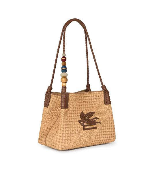 Etro White Libra Small Raffia Shopping Bag