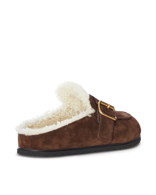 Prada Brown Suede And Shearling Mule With Buckle
