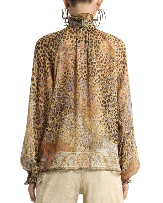 Etro Brown Silk Chiffon Blouse With Scarf And Animal Paisley Pattern