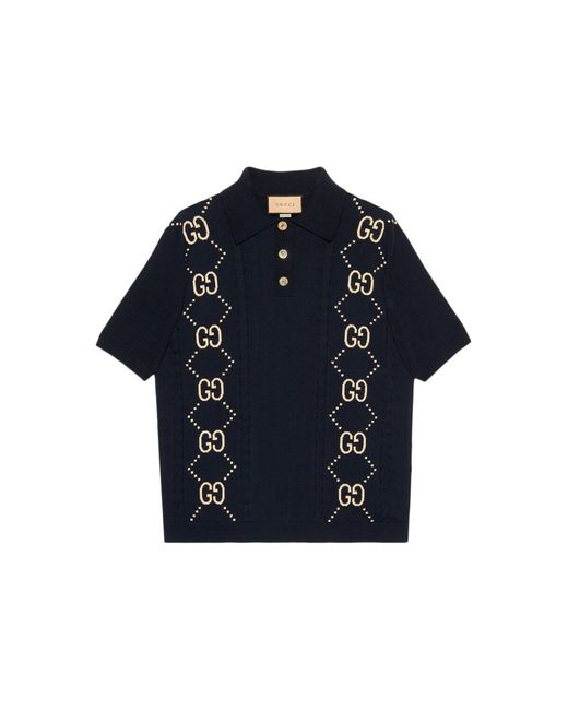 Gucci Blue GG Cotton Knit Polo Shirt for men