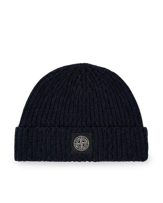 Beanie in maglia a costine con patch del logo compass di Stone Island in Blue da Uomo