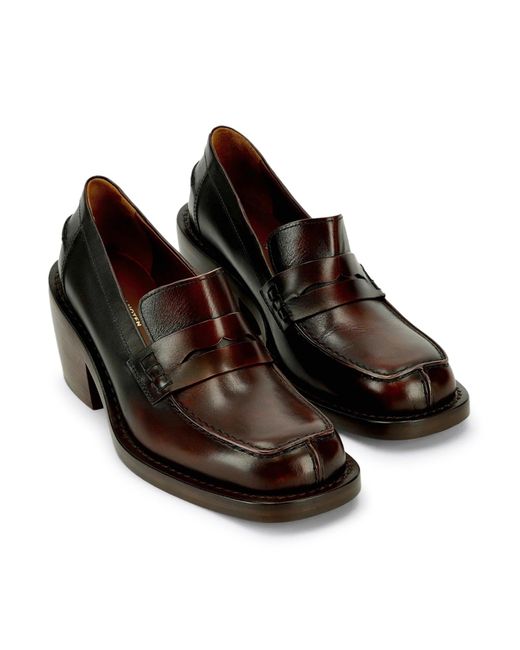 Mocassini penny in pelle con punta squadrata, tacco a blocco arrotondato ed effetto sfumato di Dries Van Noten in Brown