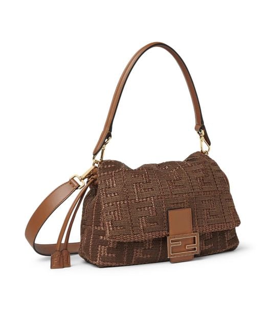 Fendi Brown Mamma Baguette Medium Woven Raffia Bag With Ff Sellier Embroidery