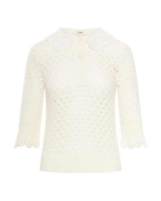 Chloé White Cotton And Wool Perforated Knit Sweater
