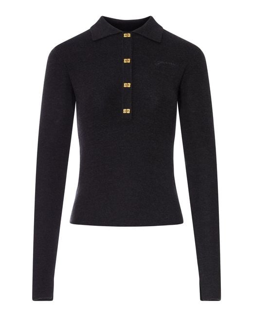 Ganni Blue Wool Polo Shirt With Embroidered Logo