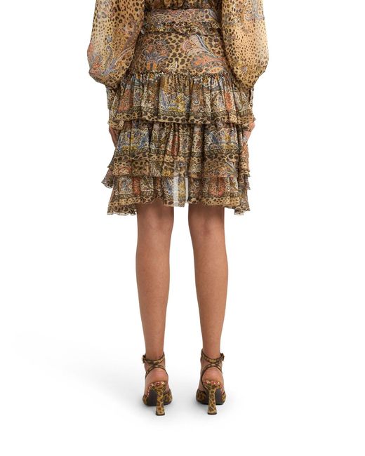 Etro Brown Paisley And Animal Print Silk Ruffled Mini Skirt