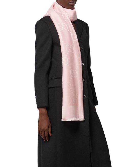 Gucci Pink Jacquard Wool And Silk Shawl With gg Motif