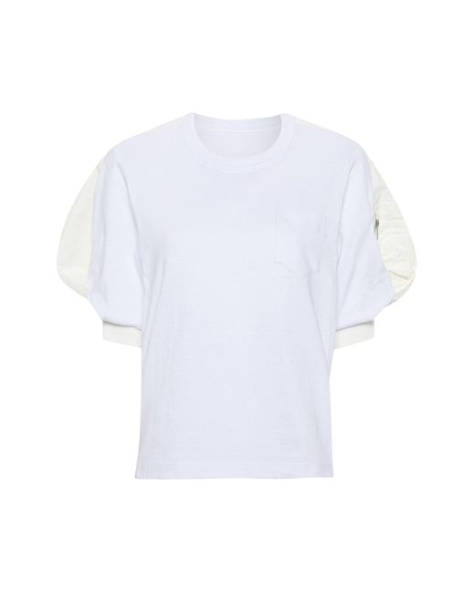 T-shirt in twill di nylon x jersey di cotone di Sacai in White