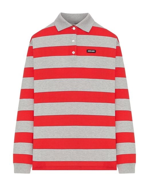 Miu Miu Red Striped Cotton Jersey Polo Shirt With Logo Patch