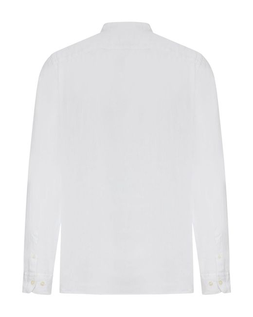 120% Lino White Linen Shirt With Mandarin Collar for men