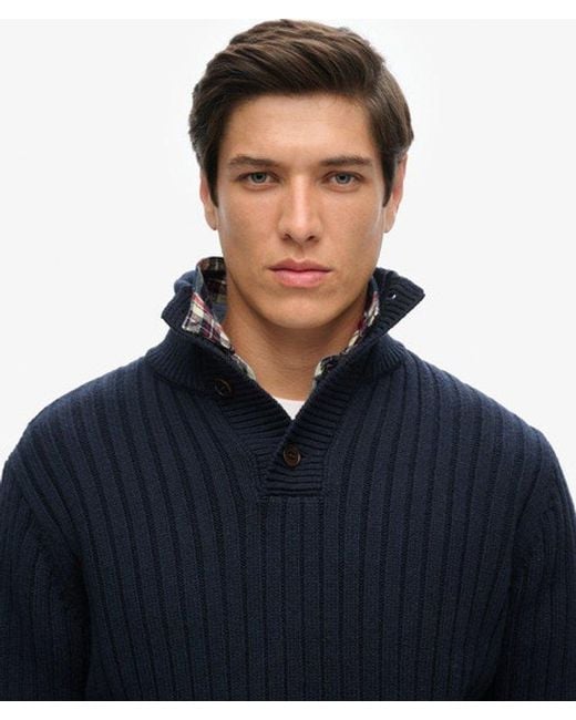 Superdry Blue Ribbed Half Button Jumper for men