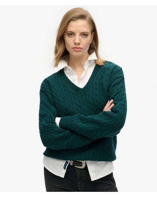 Superdry Green & Co Cable Knit Oversized V Neck Jumper