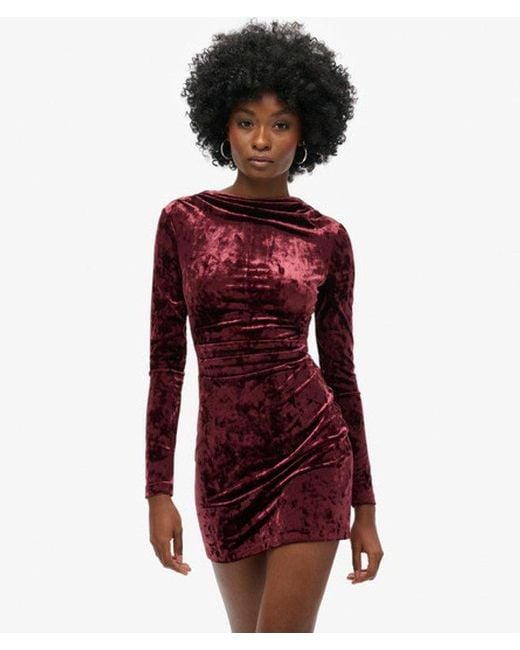 Superdry Red & Co Velvet Long Sleeve Mini Dress