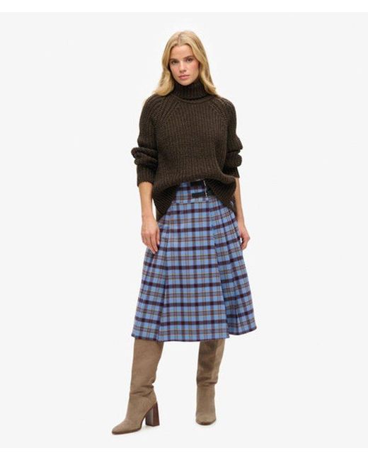 Superdry Blue Check Pleated Midi Skirt