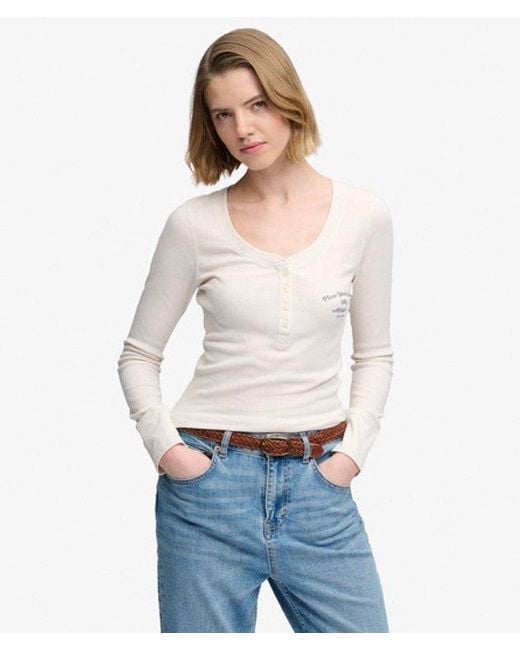 Superdry Athletic Button Down Longsleeve Top in het White
