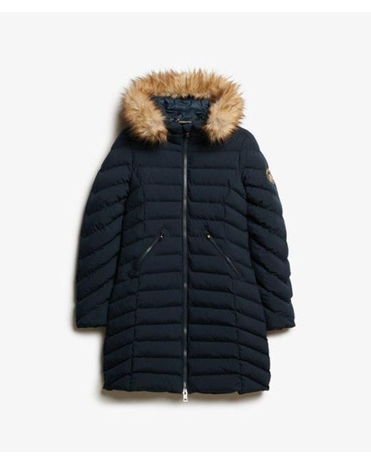 Superdry Blue & Co Slim Fit Logo Patch Fuji Faux Fur Hood Mid Length Puffer Coat