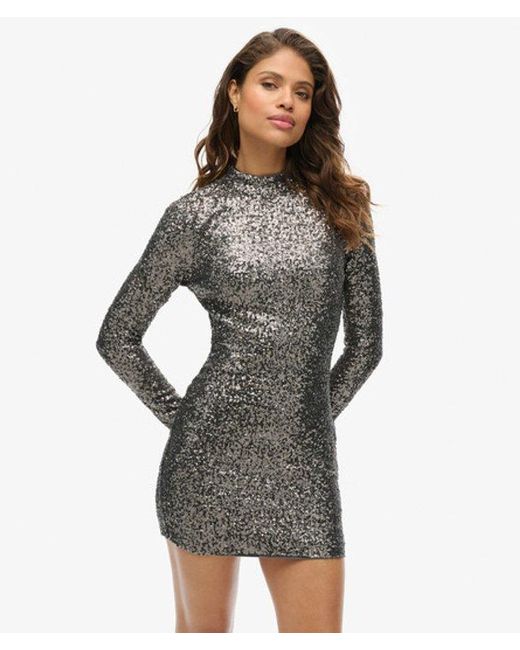 Superdry Gray Sequinned Mock Neck Mini Dress