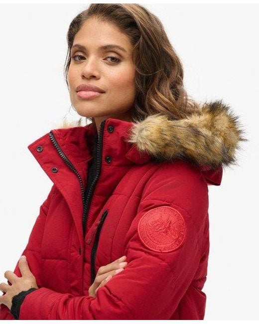 Superdry Longline Faux Fur Everest Coat in Red Lyst