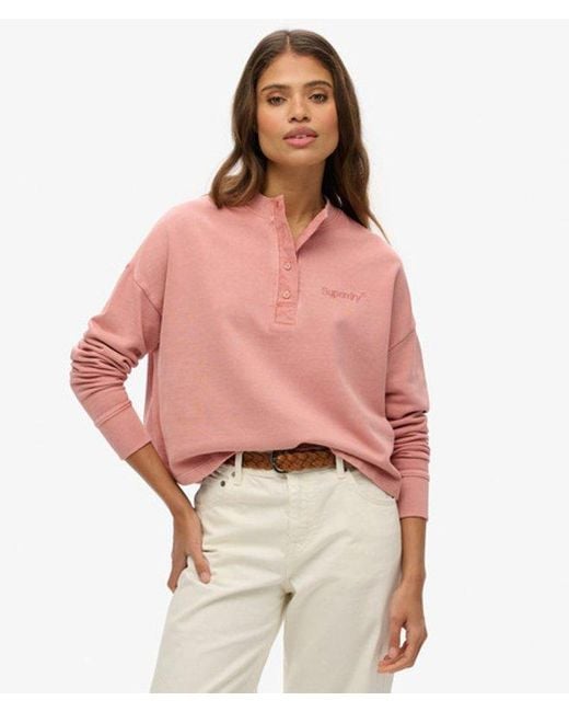 Superdry Pink Embroidered Core Logo Buttoned Crew Sweatshirt