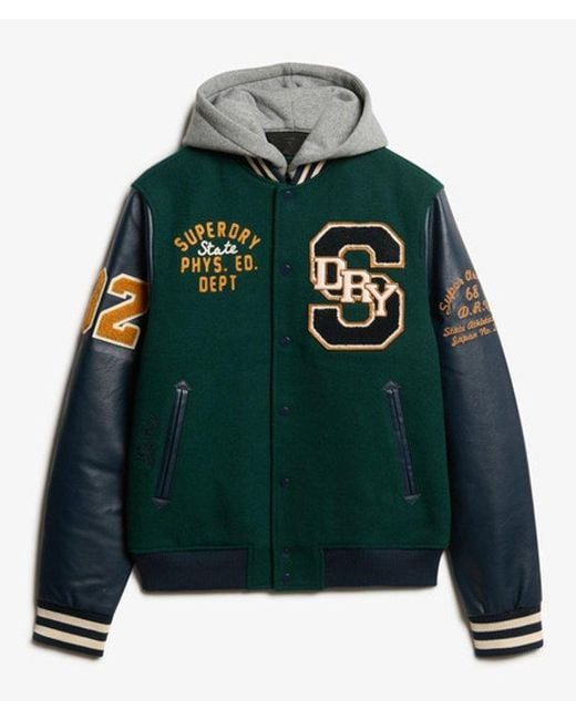 Superdry Green Oversized Hooded College Patched Bomber