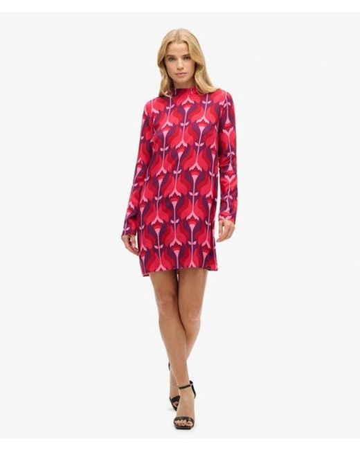 Superdry Red Printed Long Sleeve Mini Dress